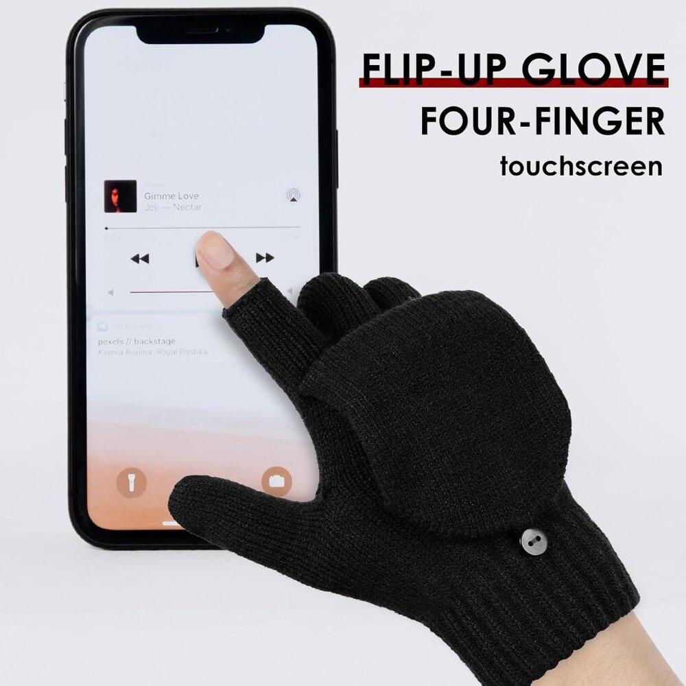 Women's Black Fashionable Windproof Fingerless Lining Mittens Flip Cover Gloves - Picture 3 of 6